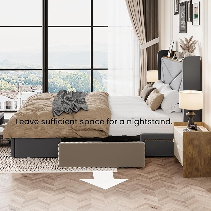 SHA CERLIN King Size Bed Frame with 3 Drawers, USB & Type-C Charging Ports, Velvet Upholstered Platform Bed with Modern Geometric Wingback Storage Headboard, No Box Spring Needed, Easy Assembly, Grey