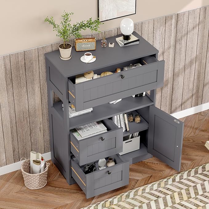 Bathroom Cabinet, Modern Bathroom Floor Storage Cabinet Organizer with 1 Door and 3 Drawers, Freestanding Cupboard for Kitchen/Living Room Use