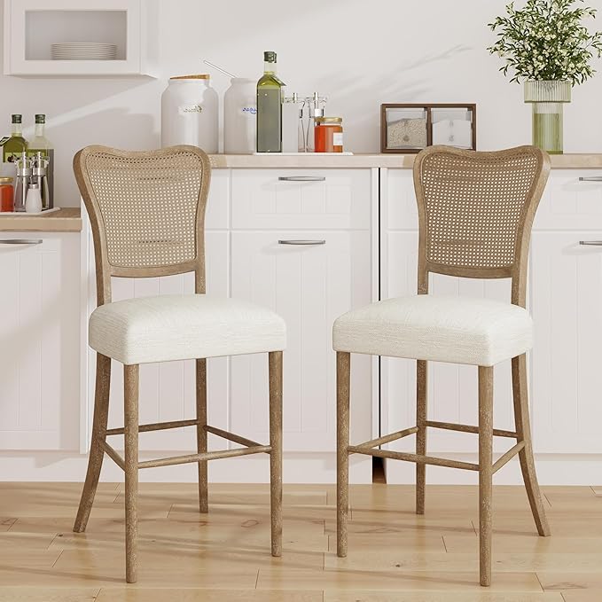 Christopher Knight Home Collda Modern Upholstered Barstools, Wicker Backrest, Vintage Classic Style for Home Bar, Living Room, Kitchen Counter (Set of 2), Dark Brown+Beige