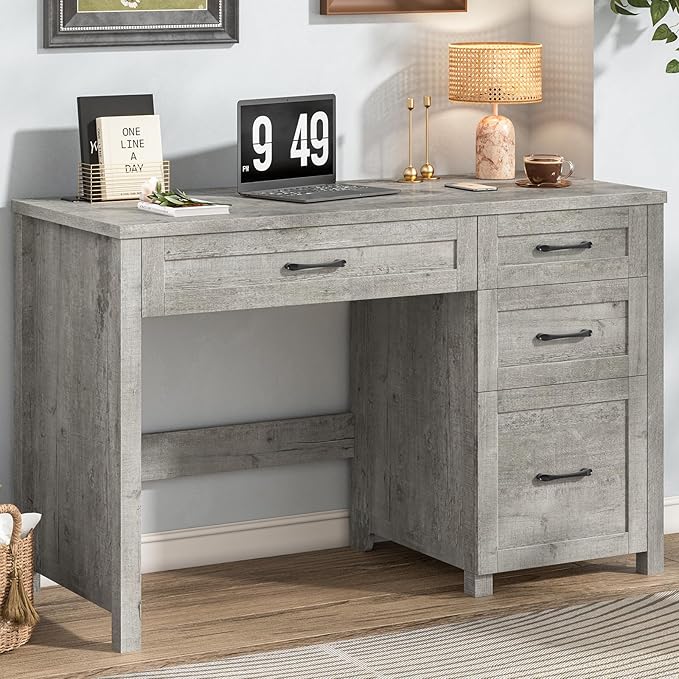 Vabches Farmhouse 47" Executive Desk with 4 Drawers, Computer Desk with File Drawer and Charging Station, Workstation for Home Office, Study.（Grey）