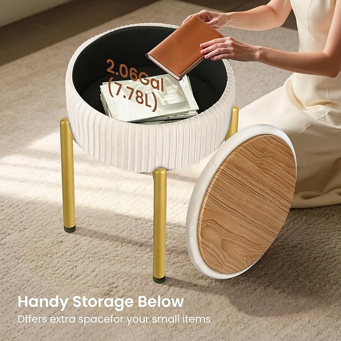 18-Inch Velvet Vanity Stool Chair with Storage, Vanity Bench with 4 Golden Metal Legs & Anti-Slip Adjustable Feet,Round Storage Ottoman Stool with Removable Soft Padded Seat, Beige