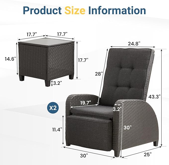 Green4ever 3-Peices Outdoor Patio Recliner with Independently Adjustable Backrest, All-Weather Wicker Patio Chair with Side Table, 160° Lay Flat Patio Reclining Lounge Chair for Backyard Garden, Grey