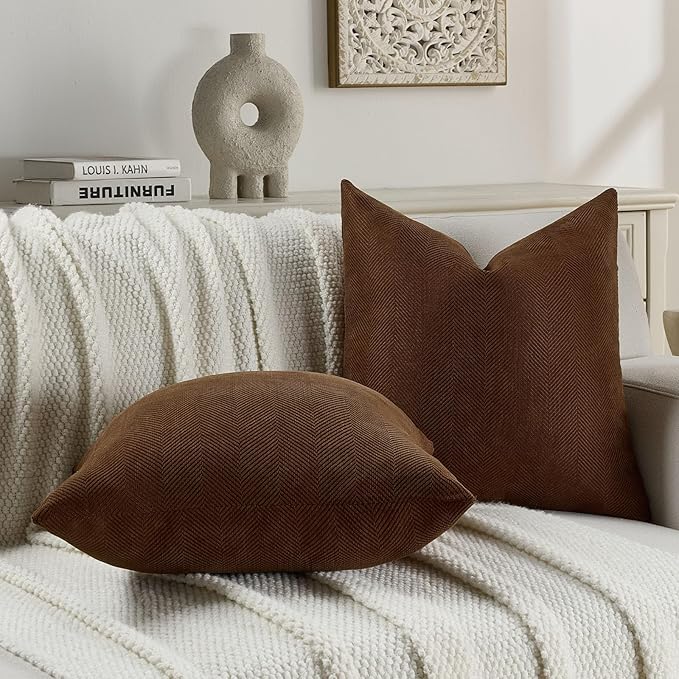 FUTEI Dark Brown Chenille Throw Pillow Covers 24x24 Inch Set of 2,Soft Wide Chevron Textured European Pillow Shams,Farmhouse Home Decor for Couch Bed Living Room