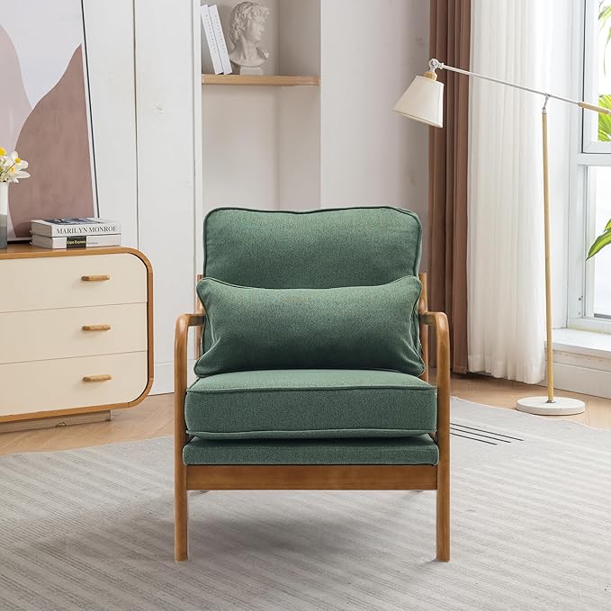 Mid-Century Accent Chair Set of 2,Linen Fabric Lounge Chair with Wide Armrest,Linen Fabric Armchair withLumbar Pillow & Solid Wood Frame for Living Room, Bedroom, Balcony(Green)