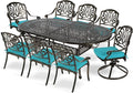 MEETWARM 9-Piece Outdoor Patio Dining Set, All-Weather Cast Aluminum Patio Conversation Set with 2 Swivel Rocker Chairs, 6 Stationary, 1 Oval Table, 8 Cushions, 2" Umbrella Hole, Ocean Blue