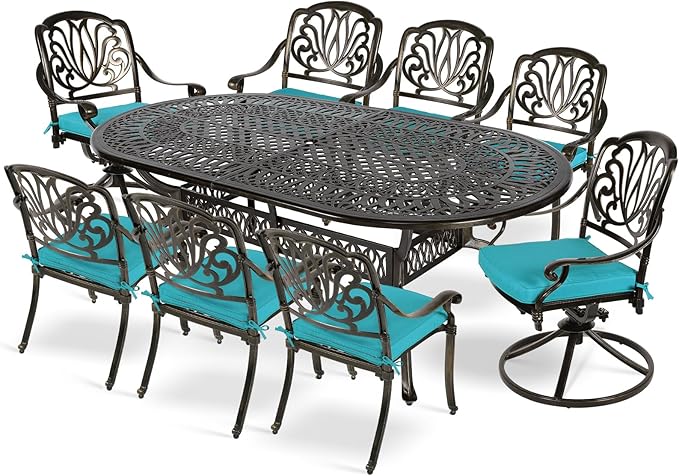 MEETWARM 9-Piece Outdoor Patio Dining Set, All-Weather Cast Aluminum Patio Conversation Set with 2 Swivel Rocker Chairs, 6 Stationary, 1 Oval Table, 8 Cushions, 2" Umbrella Hole, Ocean Blue