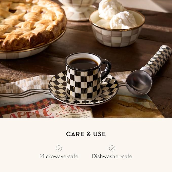 MACKENZIE-CHILDS Set of 2 Stoneware Espresso Cup and Saucer, Cute Coffee Cups, Black-and-White Courtly Check