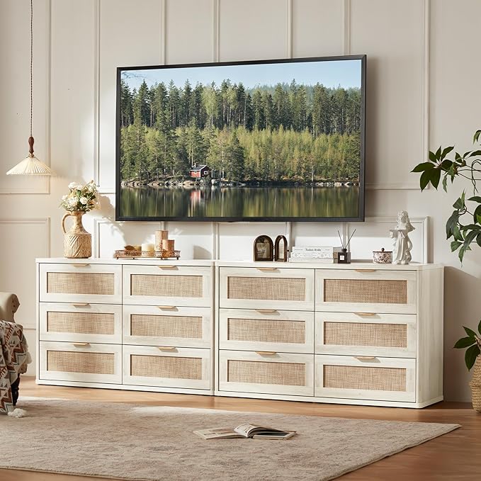 LEYAOYAO Rattan Dresser for Bedroom Set of 2, Boho 48" Wide White Dresser Chest of Drawers, Dressers TV Stand with Metal Handle, Storage Dressers Closet Organizer for Living Room, Hallway