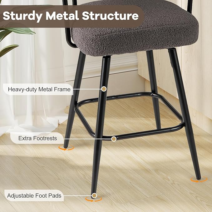 COSTWAY Counter Height Bar Stools Set of 2, 27" Swivel Modern Upholstered Counter Chairs with Boucle Fabric, Curved Backrests & Metal Legs, for Kitchen Island, Home (2, Grey + Black)