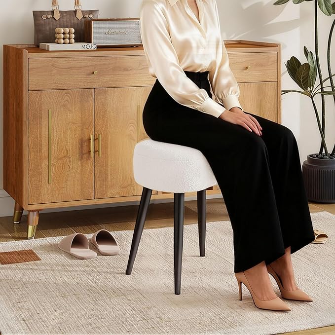 White Vanity Stool, Soft Makeup Stool with Solid Metal Legs for Vanity Corner, Morden Footrest Easy to Assembly