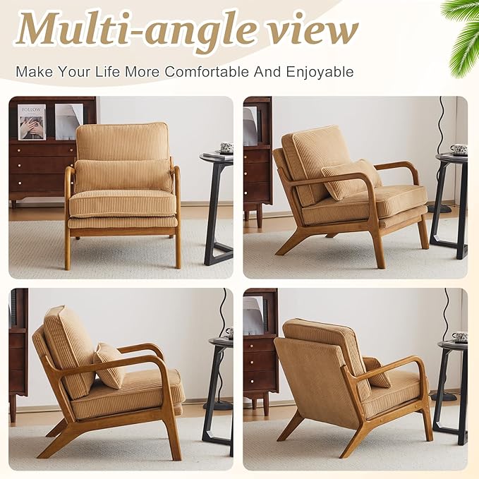 VINGLI Upgraded Premium Corduroy Accent Chairs Set of 2,Upholstered Arm Chair,Solid Wood Comfy Reading Chair with Lumbar Pillow, Mid Century Modern Chairs for Living Room,Bedroom,Khaki
