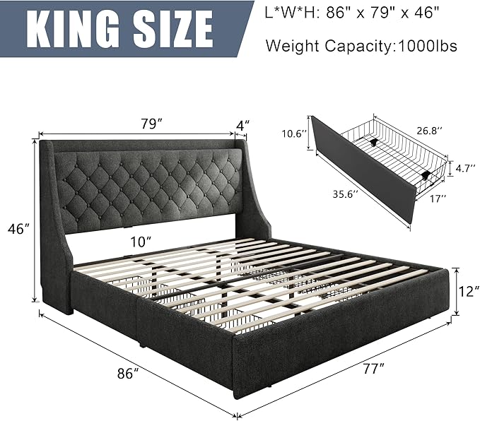King Size Upholstered Platform Bed Frame with 4 Storage Drawers and Charging Station, Linen Button Tufted Wingback Headboard, Sturdy Wooden Support Slats, No Box Spring Needed, Dark Grey