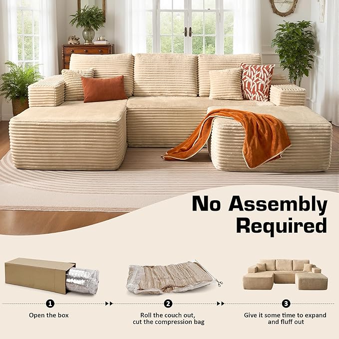 106" Cloud Sectional Couch with L-Shape Chaise & Ottoman, No Assembly Modular Sofa, Deep Seat Plush Corduroy Boneless Couched for Living Room (Beige Plush Corduroy, Left Facing Chaise with Ottoman)