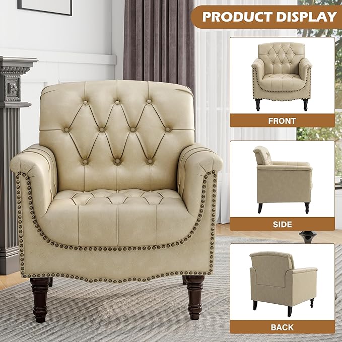 UIXE Faux Leather Accent Chair, Upholstered Armchair for Living Room, Retro Button Tufted Club Arm Chair Single Sofa Bedroom Side Reading Seating with Solid Wood Legs - Beige