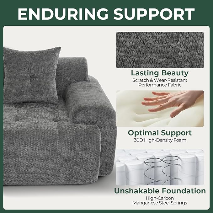 101.65” Modular Sectional Couch for Living Room, Modren L-Shape Cloud Sectional 3-Seater Sofa with Movable Ottoman, Woven Texture Upholstery Boneless Couch, No Assembly Grey