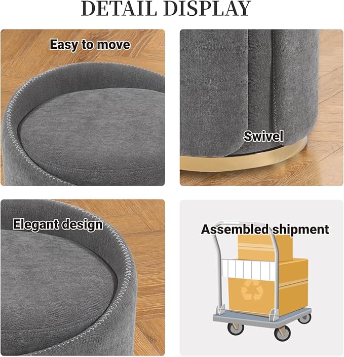 Swivel Vanity Stool with Gold Base Comfy Vanity Chair Modern Round Stool for Makeup Vanity Ottoman Foot Rest for Bedroom livingroom (Dark Gray)