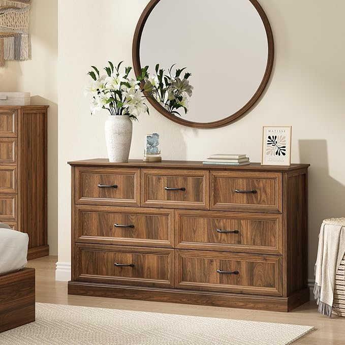 Farmhouse 7 Drawer Dresser for Bedroom, 55 Inch Wide Modern Walnut Dresser TV Stand with Large Drawers & Bar Handles, Rustic Wood Chest of Drawers for Bedroom, Living Room, Hallway, Entryway.