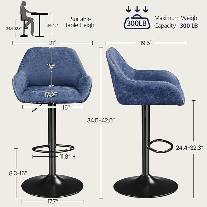 Yaheetech Bar Stools Set of 4, PU Leather Swivel Counter Height Barstools, Adjustable Bar Chairs with Backrest and Footrest, Kitchen Island Stool for Home Kitchen, Blue