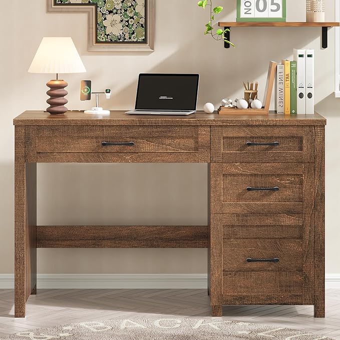 Vabches Farmhouse 47" Executive Desk, Computer Desk with File Drawer and Charging Station, Workstation for Home Office, Study.Red-Brown.