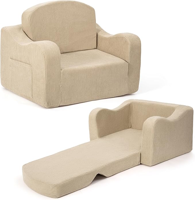 Comfy Toddler Chair for Kids, 2-in-1 Toddler Soft Plush Couch Fold Out, Convertible Kids Couch to Lounger, Baby Sofa for Boys and Girls, Beige