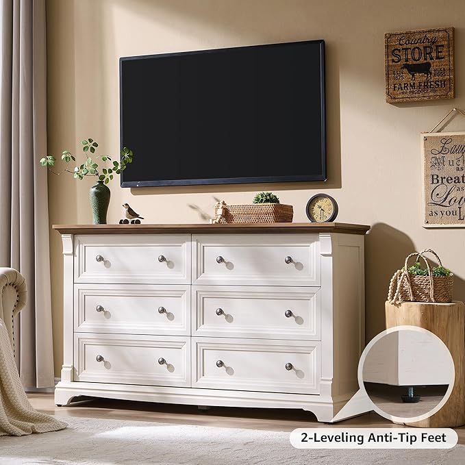 Farmhouse 6 Drawers Dresser for Bedroom, 54" Wide Large Dressers & Chests of Drawers w/Roman Column, Wooden Dresser TV Stand with Large Drawers for Nursery Bedroom Living Room Hallway, Antique White