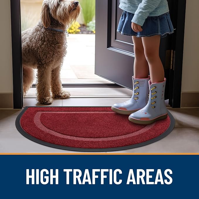 OLANLY Half Circle Door Mat Indoor Outdoor Entrance Welcome, Waterproof All-Season, All-Weather Doormat, Sturdy Natural Rubber, Low Profile, Easy Clean Patio Porch Entryway Mat, 59x34, Win Red