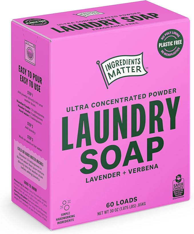 Ingredients Matter Powder Laundry Soap - Lavender Scent, Hypoallergenic Detergent, Natural & Eco-Friendly, Plastic Free, Made in USA, Natural Essential Oils & Dermatologist Tested - 30 oz, 60 Loads