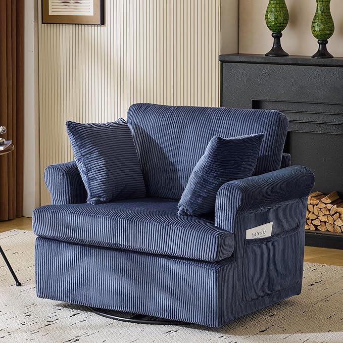 Karl home Swivel Accent Chair Set of 2, 39" Oversized Armchair W/2 Pillows and 4 Pockets,Modern Corduroy Barrel Chairs,Comfy Single Sofa for Living Room,Reading,Bedroom and Office-Dark Blue