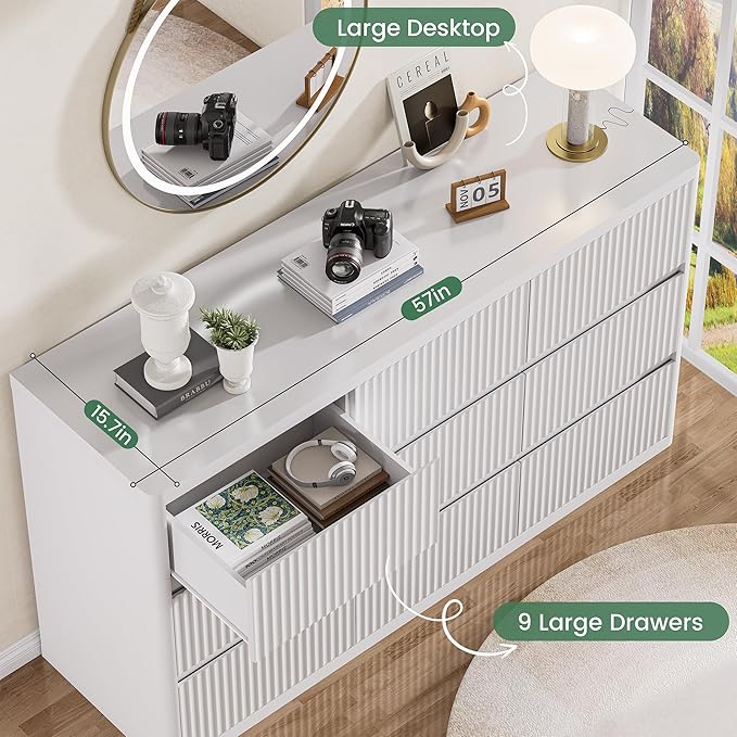 White 6 Drawers Double Dresser, Fluted Dresser for Bedroom, Modern Chest of Drawers with Handleless, Curved Profile Dressers TV Stand, Wood Storage Organizer for Living Room, Hallway