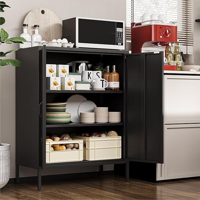 Metal Locker Storage Cabinet with 2 Doors and 4 Shelves，39.96" Tall Steel Office Cabinet,Bathroom Floor Locker，for Office,Home,Garage,Gym,School (Black)