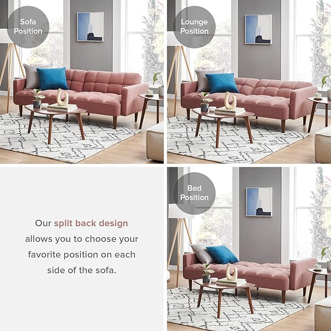 mopio Aaron 76.8" Couch, Small Futon Sofa Bed, Sleeper, Loveseat, Mid Century Modern Futon Couch, Sofa Cama, Couches for Living Room, Bedroom (Old Rosa, Velvet)