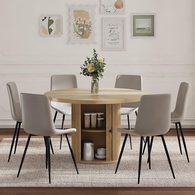Round Dining Table Set for 6 with Two Storage, 47" Round Dining Table with 6 PU Leather Chairs, 7 Piece Kitchen Table Chairs Set of 6 with 1.7” Thick Wood Top, Roman Column Pedestal, Space-Saving