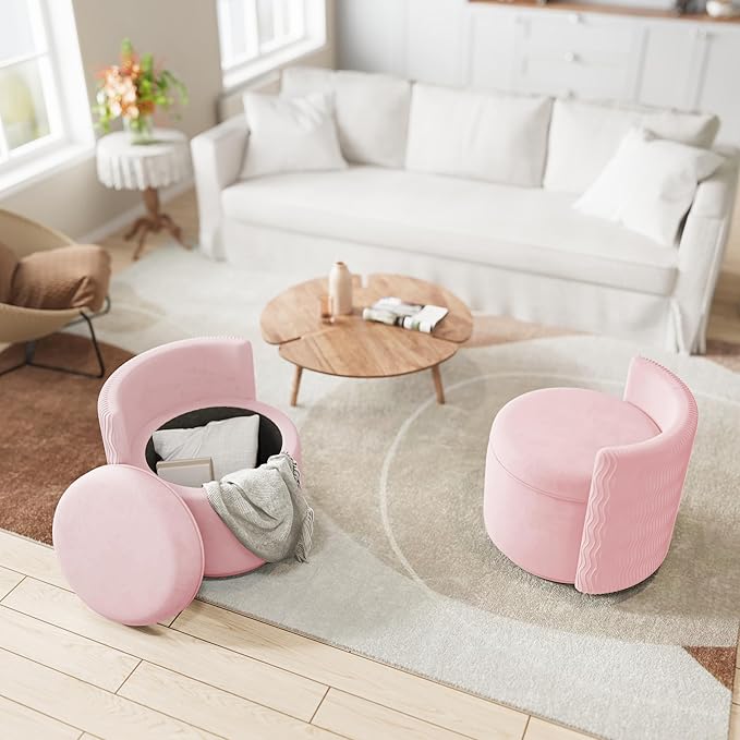 360° Swivel Accent Chair with Storage, Vanity Stool with Back, Velvet Storage Ottoman, Upholstered Round Barrel Vanity Chair for Living Room, Makeup Room, Bedroom (Pink)