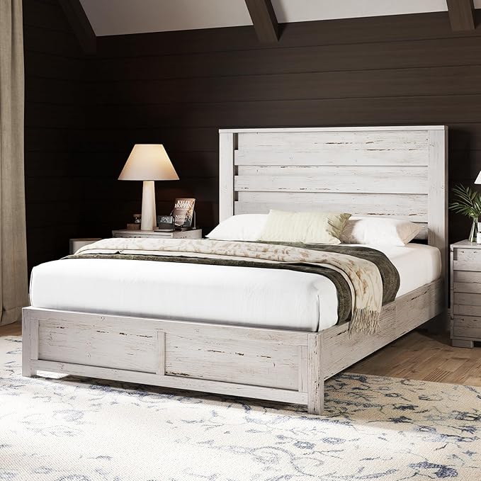 AMERLIFE Farmhouse Queen Size Bed Frame with 49" Fluted Headboard, Wood Platform Bed with Natural Grain, No Box Spring Needed/Noise Free, Distressed White