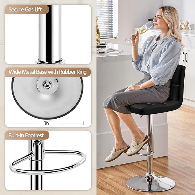 Yaheetech Bar Stools, Adjustable PU Leather Swivel Barstools, Modern Counter Stools with Back and Footrest, Counter Height Barstools for Bar, Kitchen, Dining Room, Black