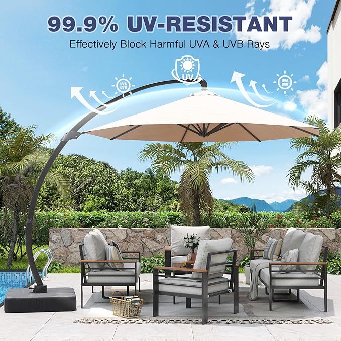 Aoxun Aluminum Patio Furniture Set with Umbrella 7 Seats, Oversized Outdoor Sectional with Washable Thick Cushions, Coffee Table and Waterproof Cover, Patio Conversation Sets for Porch, Balcony, Deck