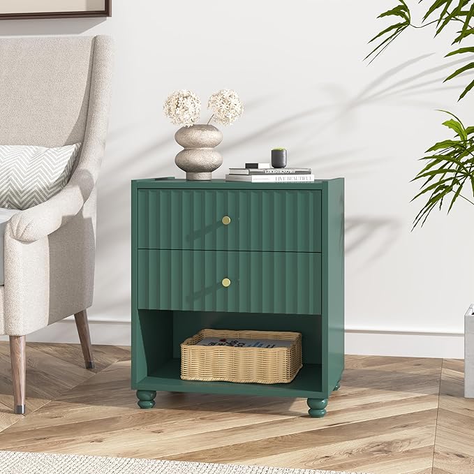 Modern Nightstand, Fluted End Table with 2 Drawers, Nightstand with Open Shelf for Bedroom (1, Green)