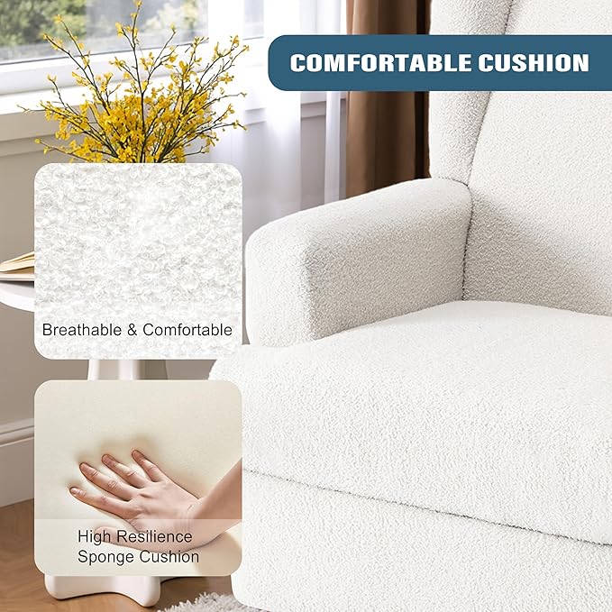 Boucle Swivel Glider Recliner Chair for Adults - Plush High Back Rocker with Deep Seat, Manual Reclining Upholstered Armchair for Living Room or Nursery, Textured Fabric Accent Chair-White