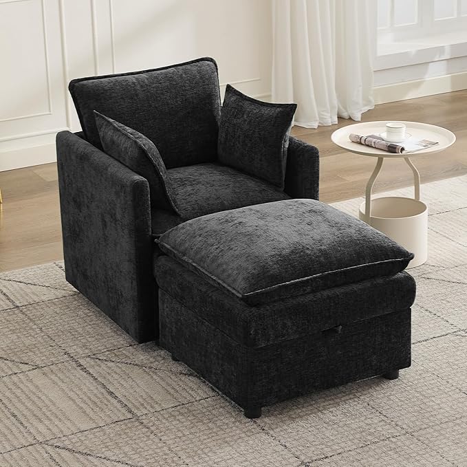 30" Cloud Modular Single Sofa Chair with Storage Ottoman, Modern Upholstered Accent Chair with Storage, Chenille Reading Lounge Armchair for Living Room, Bedroom, Small Space, Black