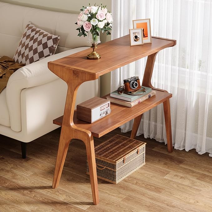 Tribesigns Set of 2 Wood Side Table, 2-Tier Tall Slim End Table with Storage Shelves, Modern Couch Side Table for Living Room, Narrow Bedside Table, Nightstands for Bedroom, Cherry