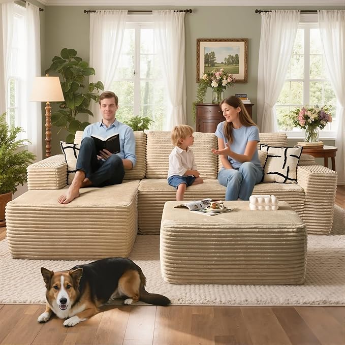 106" Cloud Sectional Couch with L-Shape Chaise & Ottoman, No Assembly Modular Sofa, Deep Seat Plush Corduroy Boneless Couched for Living Room (Beige Plush Corduroy, Left Facing Chaise with Ottoman)