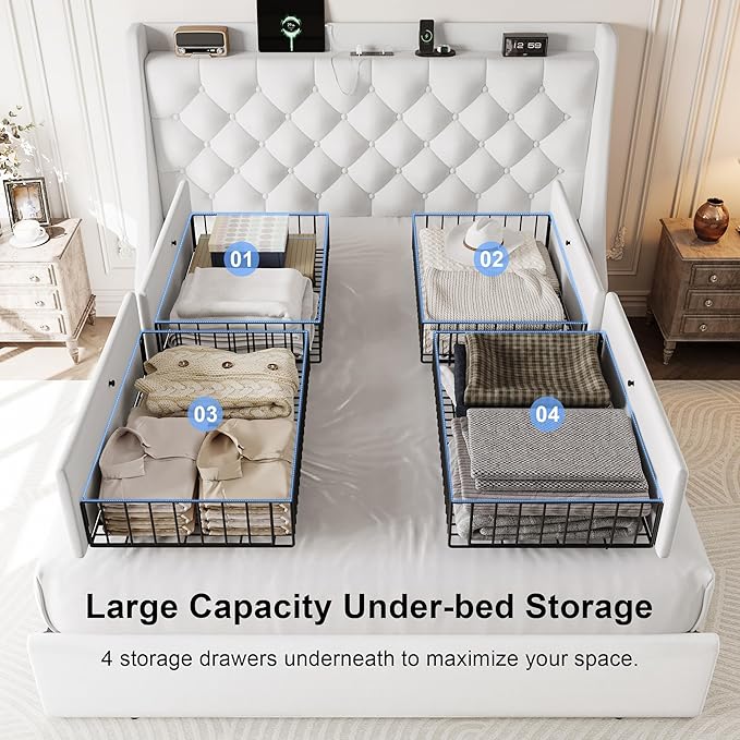 Queen Size Bed Frame with 4 Storage Drawers & Charging Station, Linen Upholstered Platform Bedframe, Button Tufted Wingback Headboard, Sturdy Wooden Slats, No Box Spring Needed, White