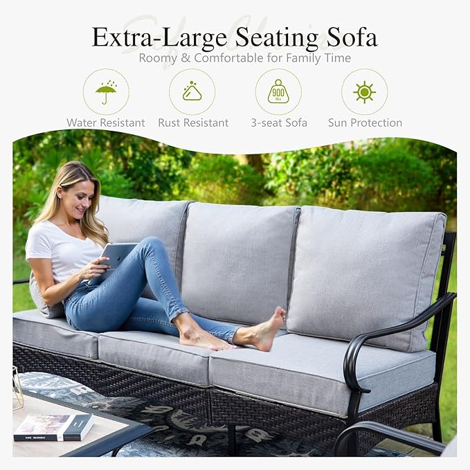 Sophia & William Patio Furniture Set, 5 Piece Metal Outdoor Conversation Set with 3-Seater Outdoor Couch, 2 Sofa Chairs, 1 Loveseat,1 Coffee Table for Outdoor Seating, Backyard, Porch(Grey)