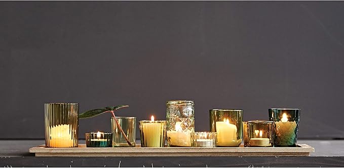 Creative Co-Op Wood Tray with 9 Green Glass Votive Holders