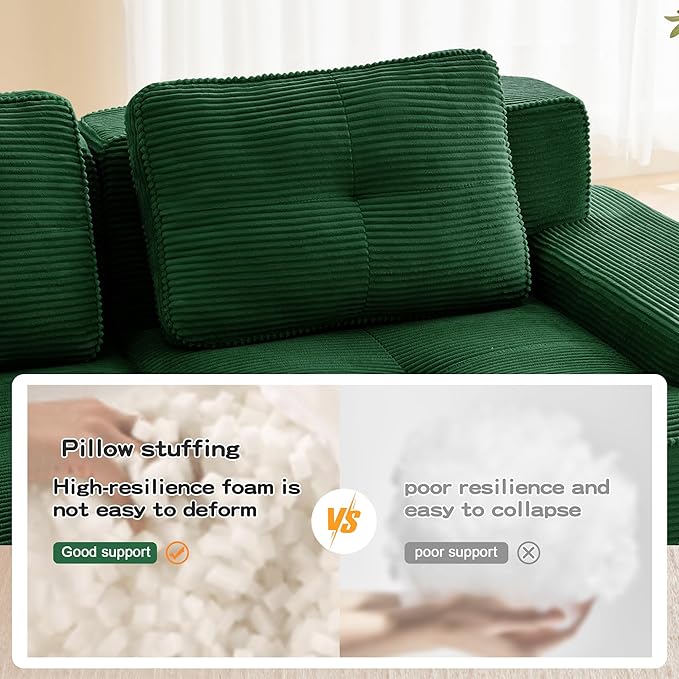 150.4” Green Boneless Couches for Living Room, Modular Sectional Sofa, 4 Seater Comfy Upholstered Deep Seat Corduroy Fabric Cloud Couch No Assembly, Anti-Slip Design