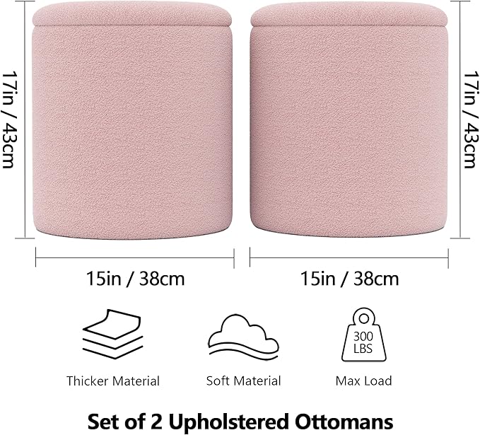 Ottoman Poufs with Storage, Set of 2 Soft Upholstered Vanity Stool,Multifunctional Ottomans Coffee Table Padded Seat Foot Rest for Living（Pink, Pack of 2）