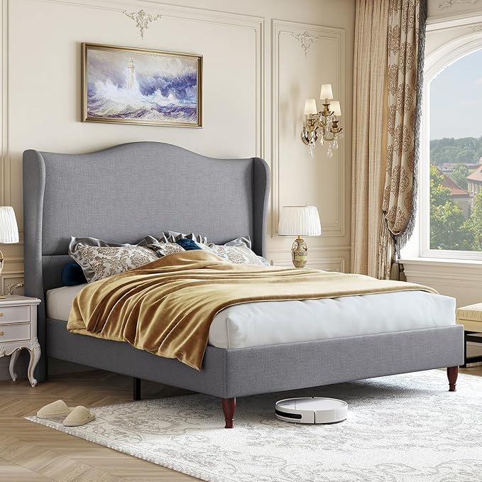 koorlian King Size Bed Frame with 51" Tall Headboard, High Upholstered Platform Bed Frames with Soft Fabric, Classic Curved Wingback & Wood Retro Legs, No Box Spring Needed/Easy Assembly, Grey