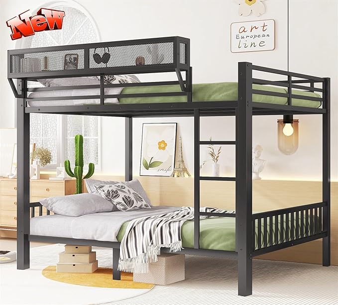 Higher Quality & Stronger Metal Queen Over Queen Bunk Bed, Thickened Heavy Duty More Stable Safer Black Steel Bunkbed Bunk Queen Bed (Easier to Assemble) (Queen Over Queen)
