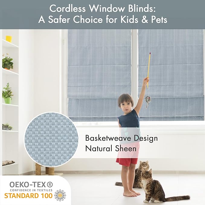 Madison Park Galen Cordless Roman Shade, 35"W x 64"H, Sheen Blue – Room Darkening, Thermal Insulated, Energy Efficient Window Blind with Subtle Sheen Basketweave Fabric for Privacy