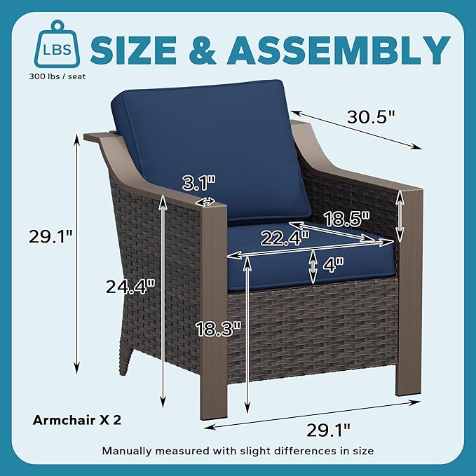 Outdoor Armchairs Set of 2, Patio Metal Wicker Conversation Furniture Set, Premium & Washable Cushions, Durable PE Rattan, Metal Armrests with Wood Grain, Backyard (Navy Blue)